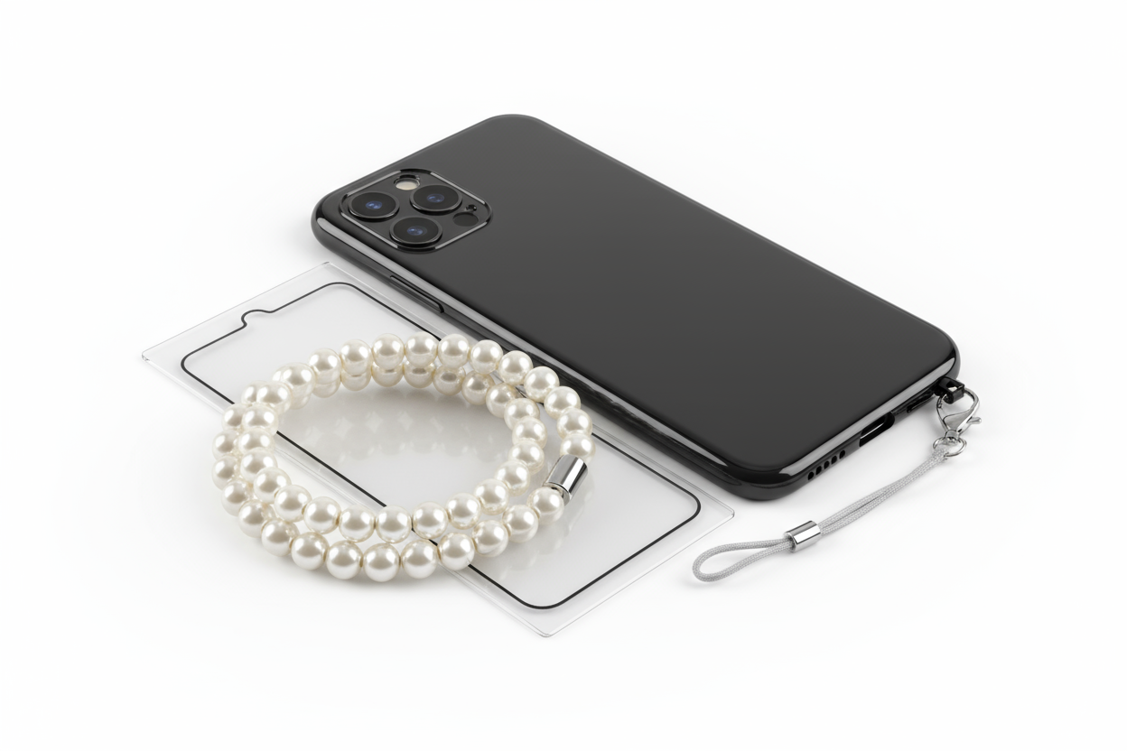 het armband lijkt op een wristlet. je kan het aan de hoesje haken en om je pols doen. denk aan een parel armband 